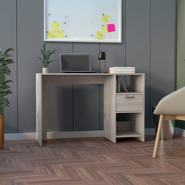 English Elm Computer Desk With Storage Shelves & Drawer - Stylish Light Gray Design For Small Spaces! B097133108
