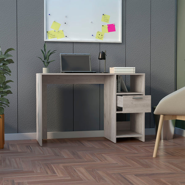 English Elm Computer Desk With Storage Shelves & Drawer - Stylish Light Gray Design For Small Spaces! B097133108