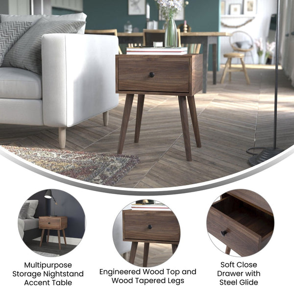 English Elm Hatfield Mid-Century Modern One Drawer Nightstand - Stylish Accent Table with Soft Close Storage EM-0319-WAL-GG