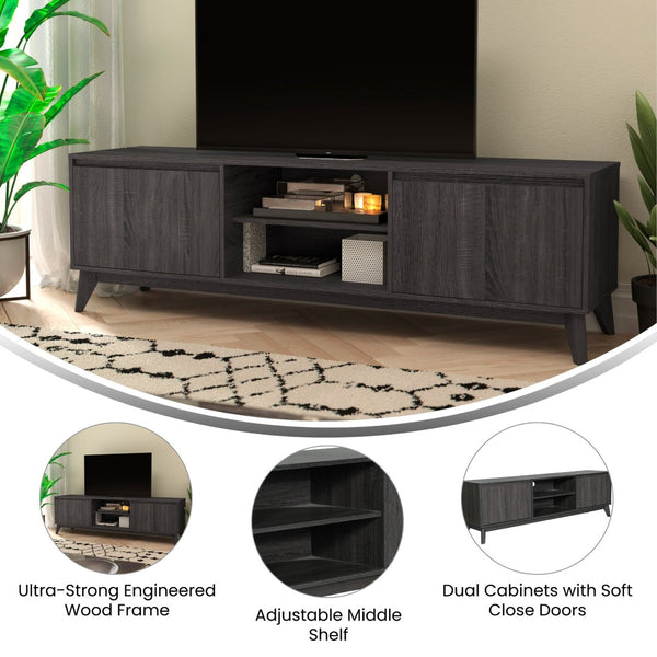 English Elm Hatfield Mid-Century Modern TV Stand for 64" TVs - Stylish Media Center with Soft-Close Doors & Storage Black Wash 71" EM-TV1801-BK-GG