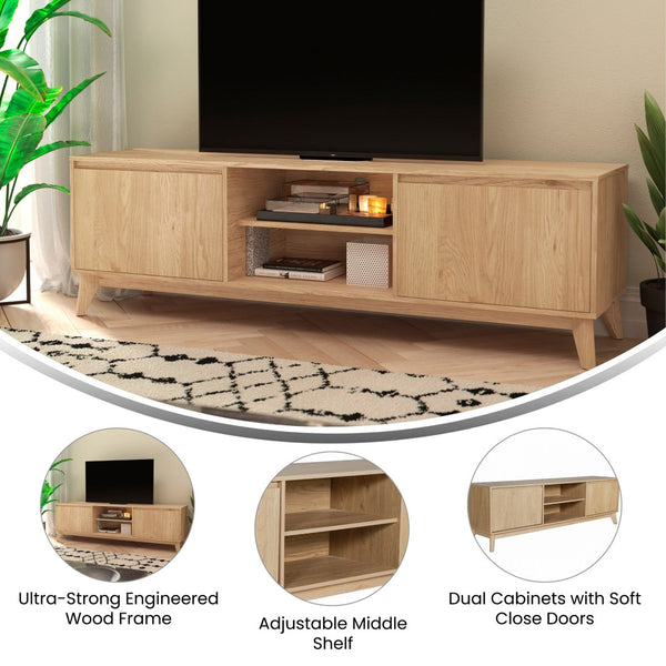 English Elm Hatfield Mid-Century Modern TV Stand for 64" TVs - Stylish Media Center with Soft-Close Doors & Storage Light Natural 71" EM-TV1801-LTNAT-GG