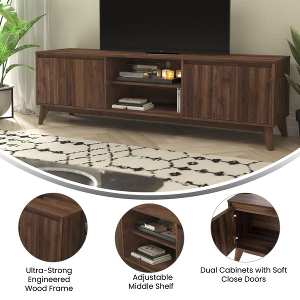 English Elm Hatfield Mid-Century Modern TV Stand for 64" TVs - Stylish Media Center with Soft-Close Doors & Storage Dark Walnut 71" EM-TV1801-WAL-GG