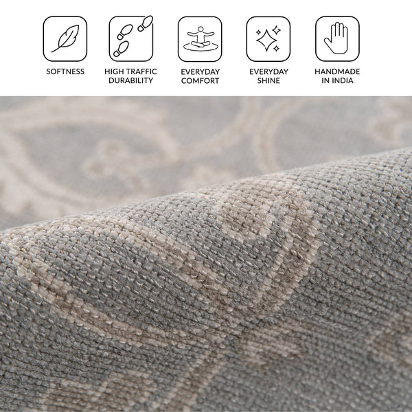 Empress Hand-knotted Wool Viscose Area Rug Turkish Knot Bordered Neutral Gray