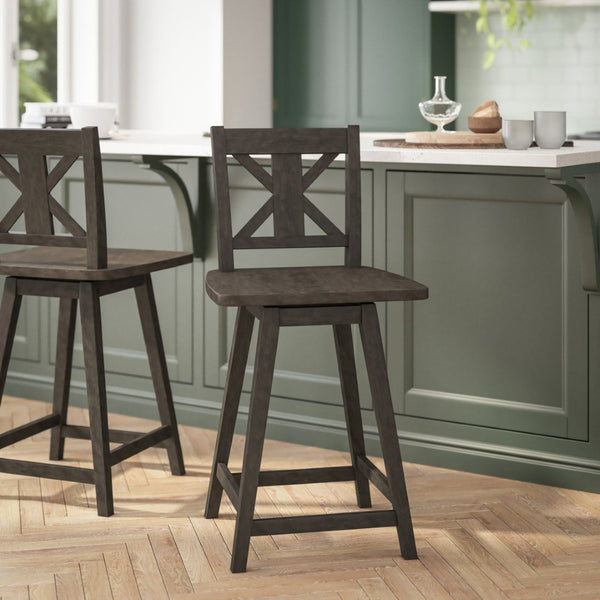 English Elm Gwendolyn Commercial Grade Solid Wood Swivel Counter Height Barstool for Modern Farmhouse Charm Gray Wash Walnut ES-G1-24-GY-GG