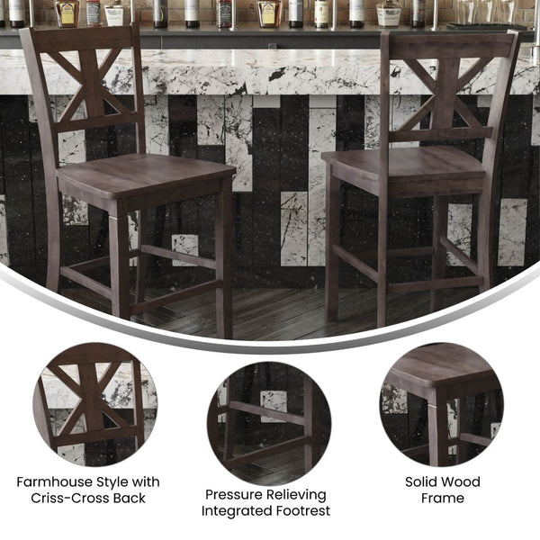 English Elm Gwendolyn Set of 2 Commercial Grade Solid Wood Modern Farmhouse Counter Height Barstools for Any Space Gray Wash Walnut ES-STBN1-24-GY-2-GG