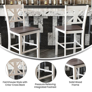 English Elm Gwendolyn Set of 2 Commercial Grade Solid Wood Modern Farmhouse Counter Height Barstools for Any Space White Wash ES-STBN1-24-WH-2-GG