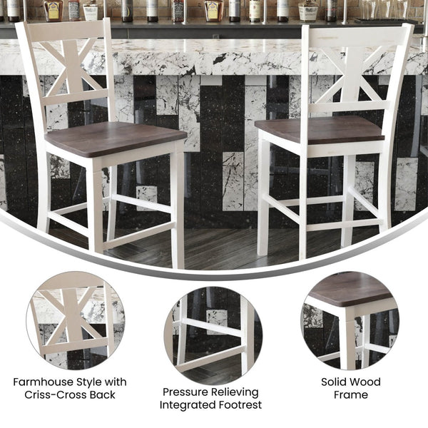 English Elm Gwendolyn Set of 2 Commercial Grade Solid Wood Modern Farmhouse Counter Height Barstools for Any Space White Wash ES-STBN1-24-WH-2-GG