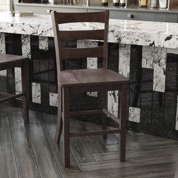 English Elm Liesel Set of 2 Commercial-Grade Wooden Ladderback Counter Stools for Stylish Kitchen Seating Gray Wash Walnut ES-STBN5-24-GY-2-GG