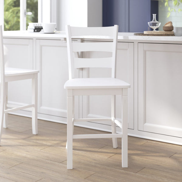 English Elm Liesel Set of 2 Commercial-Grade Wooden Ladderback Counter Stools for Stylish Kitchen Seating White Wash ES-STBN5-24-WH-2-GG