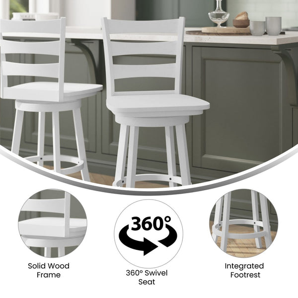 English Elm Liesel Commercial Grade Wooden Ladderback Swivel Barstool for Kitchen and Café Seating Comfort White Wash ES-UN-31WS-24-WH-GG