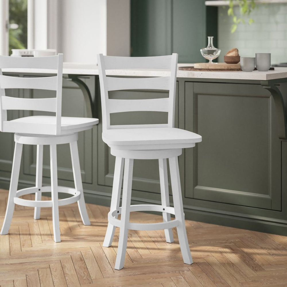 English Elm Liesel Commercial Grade Wooden Ladderback Swivel Barstool for Kitchen and Café Seating Comfort White Wash ES-UN-31WS-24-WH-GG