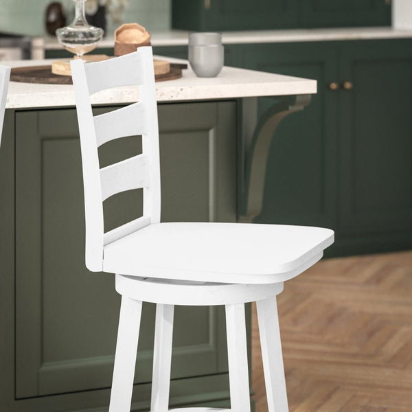 English Elm Liesel Commercial Grade Wooden Ladderback Swivel Barstool for Kitchen and Café Seating Comfort White Wash ES-UN-31WS-24-WH-GG