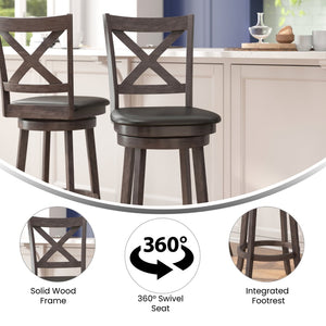 English Elm Felicity Classic Crossback Swivel Barstool – Durable Wood Frame & Comfortable Padded Seat for Bars Black Vinyl/Gray Wash Walnut Frame ES-UN1-29-GY-GG