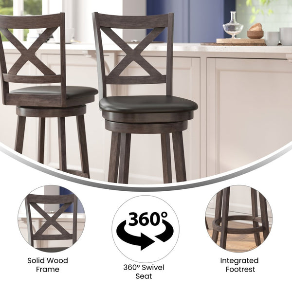English Elm Felicity Classic Crossback Swivel Barstool – Durable Wood Frame & Comfortable Padded Seat for Bars Black Vinyl/Gray Wash Walnut Frame ES-UN1-29-GY-GG