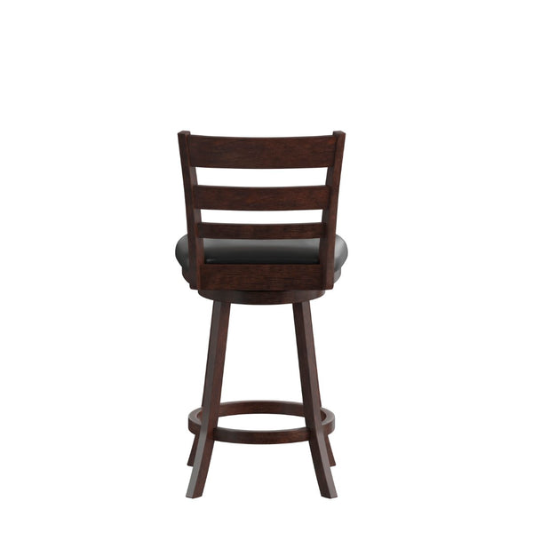 English Elm Zerrick Commercial Grade Espresso Ladderback Swivel Counter Stool with Padded LeatherSoft Seat Black Vinyl/Espresso Frame ES-UN3-24-ESP-GG