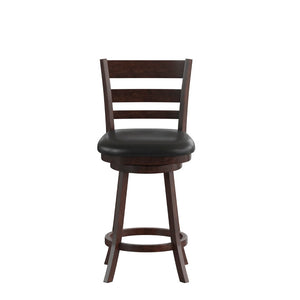 English Elm Zerrick Commercial Grade Espresso Ladderback Swivel Counter Stool with Padded LeatherSoft Seat Black Vinyl/Espresso Frame ES-UN3-24-ESP-GG