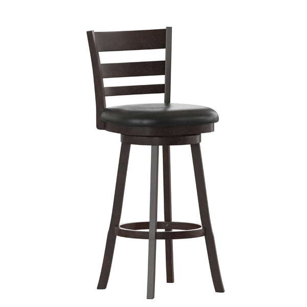 English Elm Zerrick Classic Ladderback Swivel Barstool with Padded LeatherSoft Seat for Durable Comfort & Style Black Vinyl/Espresso Frame ES-UN3-29-ESP-GG