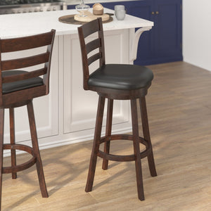 English Elm Zerrick Classic Ladderback Swivel Barstool with Padded LeatherSoft Seat for Durable Comfort & Style Black Vinyl/Espresso Frame ES-UN3-29-ESP-GG