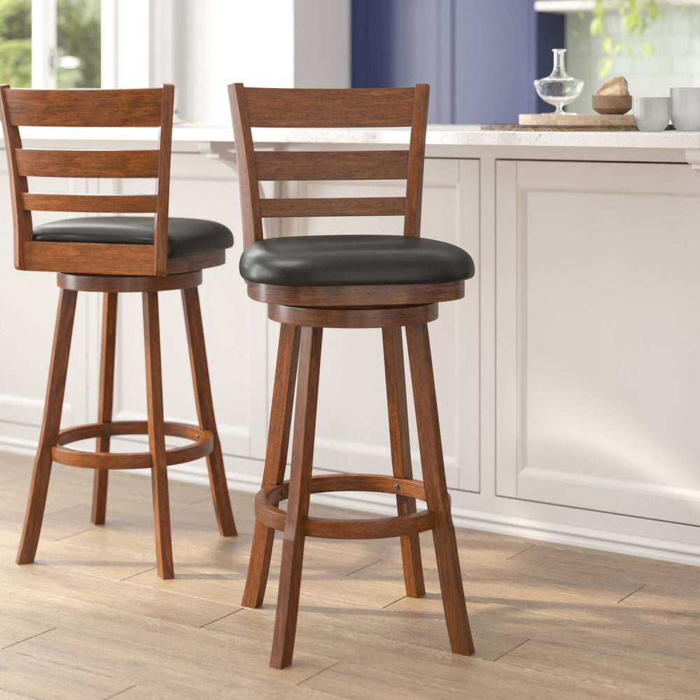 English Elm Zerrick Classic Ladderback Swivel Barstool with Padded LeatherSoft Seat for Durable Comfort & Style Black Vinyl/Antique Oak Frame ES-UN3-29-OAK-GG