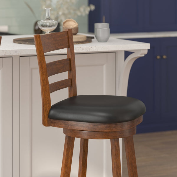 English Elm Zerrick Classic Ladderback Swivel Barstool with Padded LeatherSoft Seat for Durable Comfort & Style Black Vinyl/Antique Oak Frame ES-UN3-29-OAK-GG
