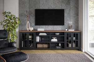 Legends Furniture Bridgevine Home Essex 96 Inch Tv Stand Console For Tvs Up To 100 Inches, No Assembly Requried, Black And Whiskey Finish Black Poplar Solids And Okoume Veneers Es1211.Swk