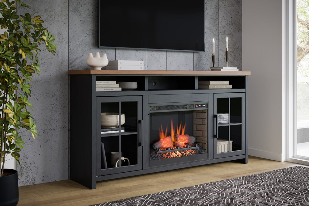 Legends Furniture Bridgevine Home Essex 74 Inch Fireplace Tv Stand Console For Tvs Up To 85 Inches, Black And Whiskey Finish Black Poplar Solids And Okoume Veneers Es5110.Swk