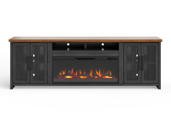 Legends Furniture Bridgevine Home Essex 97 Inch Fireplace Tv Stand Console For Tvs Up To 100 Inches, Black And Whiskey Finish Black Poplar Solids And Okoume Veneers Es5410.Swk