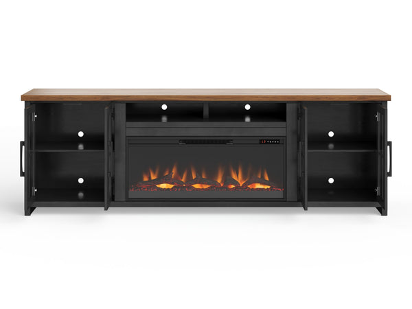 Legends Furniture Bridgevine Home Essex 97 Inch Fireplace Tv Stand Console For Tvs Up To 100 Inches, Black And Whiskey Finish Black Poplar Solids And Okoume Veneers Es5410.Swk