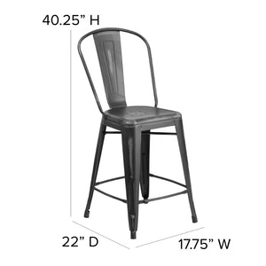 English Elm Carly Commercial Grade 24" High Distressed Metal Counter Stool for Indoor-Outdoor Use, Ergonomic Design Black ET-3534-24-BK-GG