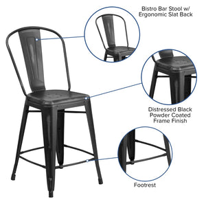 English Elm Carly Commercial Grade 24" High Distressed Metal Counter Stool for Indoor-Outdoor Use, Ergonomic Design Black ET-3534-24-BK-GG