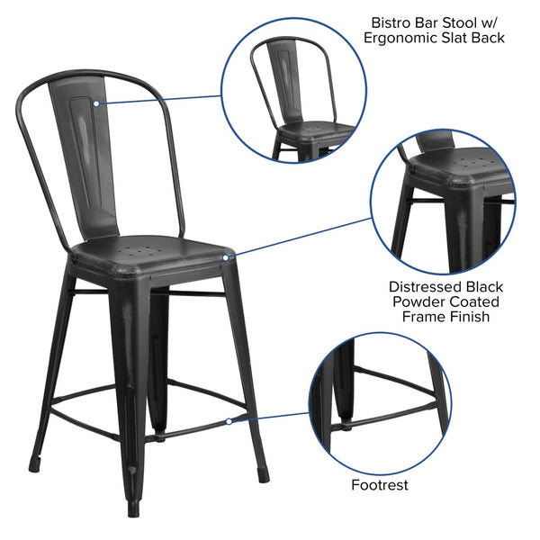 English Elm Carly Commercial Grade 24" High Distressed Metal Counter Stool for Indoor-Outdoor Use, Ergonomic Design Black ET-3534-24-BK-GG