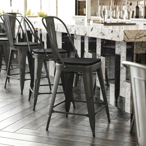 English Elm Carly Commercial-Grade 24" High Metal Counter Stool for Indoor-Outdoor Use, Stylish & Durable Design Black Seat/Black Frame ET-3534-24-BK-PL1B-GG