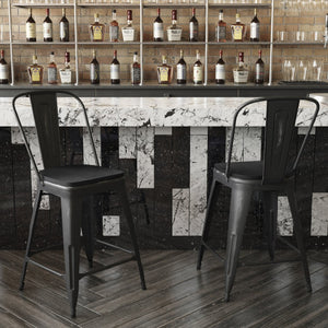 English Elm Carly Commercial-Grade 24" High Metal Counter Stool for Indoor-Outdoor Use, Stylish & Durable Design Black Seat/Black Frame ET-3534-24-BK-PL1B-GG