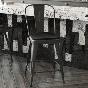 English Elm Carly Commercial-Grade 24" High Metal Counter Stool for Indoor-Outdoor Use, Stylish & Durable Design Black Seat/Black Frame ET-3534-24-BK-PL1B-GG