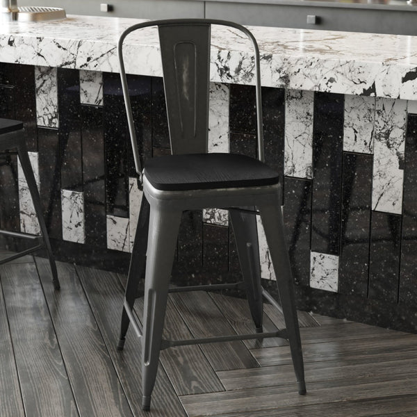 English Elm Carly Commercial-Grade 24" High Metal Counter Stool for Indoor-Outdoor Use, Stylish & Durable Design Black Seat/Black Frame ET-3534-24-BK-PL1B-GG