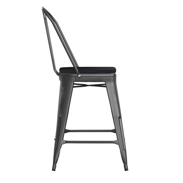 English Elm Carly Commercial-Grade 24" High Metal Counter Stool for Indoor-Outdoor Use, Stylish & Durable Design Black Seat/Black Frame ET-3534-24-BK-PL1B-GG