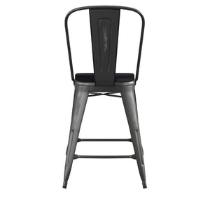 English Elm Carly Commercial-Grade 24" High Metal Counter Stool for Indoor-Outdoor Use, Stylish & Durable Design Black Seat/Black Frame ET-3534-24-BK-PL1B-GG