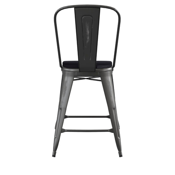 English Elm Carly Commercial-Grade 24" High Metal Counter Stool for Indoor-Outdoor Use, Stylish & Durable Design Black Seat/Black Frame ET-3534-24-BK-PL1B-GG