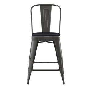English Elm Carly Commercial-Grade 24" High Metal Counter Stool for Indoor-Outdoor Use, Stylish & Durable Design Black Seat/Black Frame ET-3534-24-BK-PL1B-GG