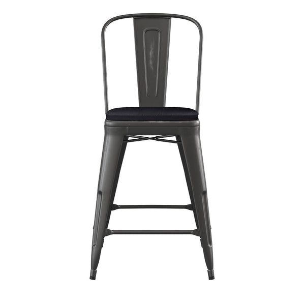 English Elm Carly Commercial-Grade 24" High Metal Counter Stool for Indoor-Outdoor Use, Stylish & Durable Design Black Seat/Black Frame ET-3534-24-BK-PL1B-GG