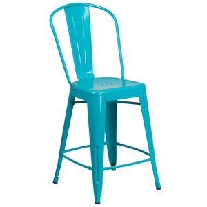 English Elm Carly 24" High Metal Indoor-Outdoor Counter Stool with Back for Cafes, Bars, and Home Use Crystal Teal-Blue ET-3534-24-CB-GG