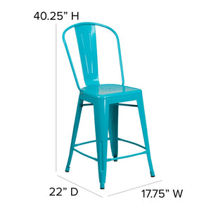 English Elm Carly 24" High Metal Indoor-Outdoor Counter Stool with Back for Cafes, Bars, and Home Use Crystal Teal-Blue ET-3534-24-CB-GG