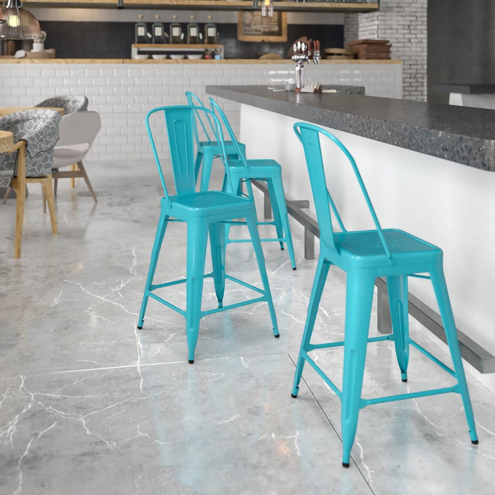 English Elm Carly 24" High Metal Indoor-Outdoor Counter Stool with Back for Cafes, Bars, and Home Use Crystal Teal-Blue ET-3534-24-CB-GG