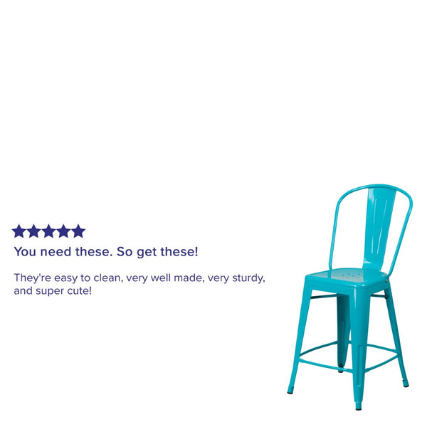 English Elm Carly 24" High Metal Indoor-Outdoor Counter Stool with Back for Cafes, Bars, and Home Use Crystal Teal-Blue ET-3534-24-CB-GG