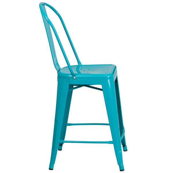 English Elm Carly 24" High Metal Indoor-Outdoor Counter Stool with Back for Cafes, Bars, and Home Use Crystal Teal-Blue ET-3534-24-CB-GG