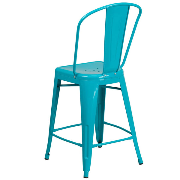 English Elm Carly 24" High Metal Indoor-Outdoor Counter Stool with Back for Cafes, Bars, and Home Use Crystal Teal-Blue ET-3534-24-CB-GG