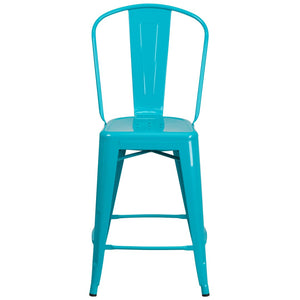 English Elm Carly 24" High Metal Indoor-Outdoor Counter Stool with Back for Cafes, Bars, and Home Use Crystal Teal-Blue ET-3534-24-CB-GG