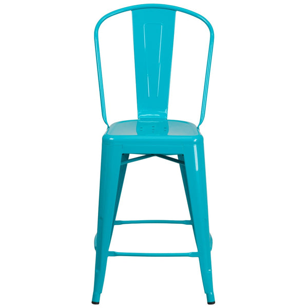 English Elm Carly 24" High Metal Indoor-Outdoor Counter Stool with Back for Cafes, Bars, and Home Use Crystal Teal-Blue ET-3534-24-CB-GG
