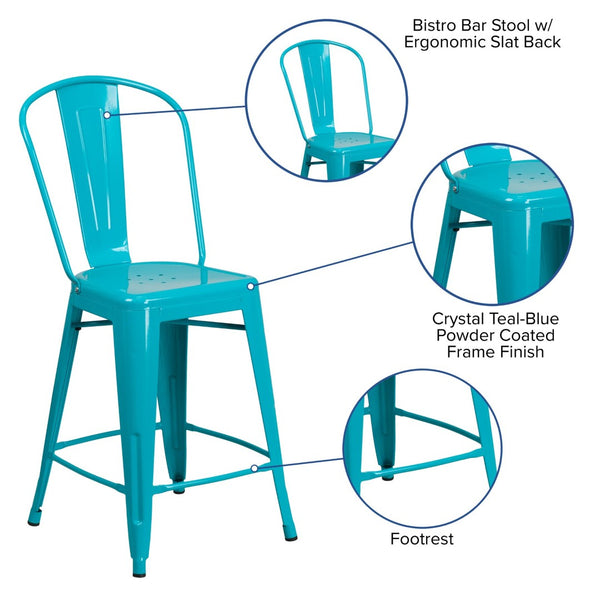 English Elm Carly 24" High Metal Indoor-Outdoor Counter Stool with Back for Cafes, Bars, and Home Use Crystal Teal-Blue ET-3534-24-CB-GG