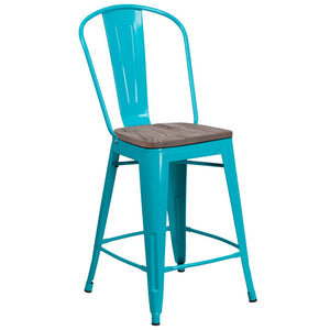 English Elm Carly 24" High Metal Counter Stool with Back and Wood Seat for Stylish Kitchen and Bar Seating Crystal Teal-Blue ET-3534-24-CB-WD-GG